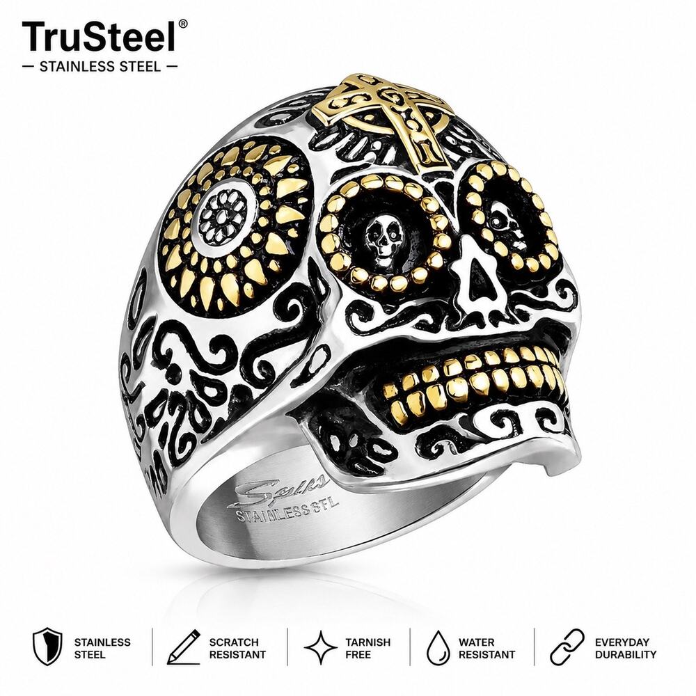 316L stainless steel skull biker men’s sugar cross ring size 12